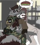  adam_manchester anthro asphyxiation bodily_fluids bottomwear breath_play butcher_pal camo camo_print canid canine canis choking clothed clothing digital_drawing_(artwork) digital_media_(artwork) dog_tags domestic_dog drooling duo food gloves handwear hat headgear headwear hybrid male male/male mammal military_uniform open_mouth procyonid raccoon red_eyes restrained restraints saliva sandwich_(food) simple_background thought_bubble uniform wolf 