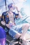  1boy abs ball bare_legs beach_chair beachball black_nails blue_shirt bracelet crossed_legs drink drinking_straw eyewear_on_head floral_print food foot_out_of_frame fuwa_minato hand_up highres holding holding_drink ice_cream jewelry male_focus multicolored_hair nail_polish nijisanji open_clothes open_shirt orange-tinted_eyewear outdoors plant purple_hair red_hair sandals shirt short_sleeves shorts solo streaked_hair sunglasses tinted_eyewear toned toned_male umeno_shii virtual_youtuber white_hair white_shorts 