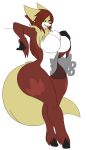  2019 anthro big_breasts black_body black_fur black_sclera breasts chest_tuft delphox dewwydarts exposure_variation featureless_breasts female fluffy fluffy_tail fur generation_6_pokemon hair hand_on_breast hi_res long_hair maddie_(dewwydarts) multicolored_body multicolored_fur nintendo nude open_mouth pokemon pokemon_(species) red_body red_fur red_hair simple_background solo standing tail thick_thighs tuft white_background white_body white_fur wide_hips yellow_body yellow_eyes yellow_fur 