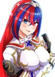  1girl absurdres alear_(female)_(fire_emblem) alear_(fire_emblem) blue_eyes blue_hair blush crossed_bangs fire_emblem fire_emblem_engage hair_between_eyes heterochromia highres looking_at_viewer multicolored_hair open_mouth red_eyes red_hair smile solo split-color_hair tiara to_(tototo_tk) two-tone_hair white_background 