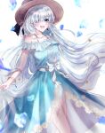  1girl absurdres anastasia_(fate) bare_shoulders blue_dress blue_eyes blush breasts collarbone dress fate/grand_order fate_(series) grey_hair hair_over_one_eye highres ice jewelry large_breasts long_hair looking_at_viewer open_mouth que_hua ribbon smile solo thighhighs very_long_hair white_background white_hair 