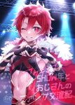  1boy alexander_(fate) bishounen black_gloves blurry blurry_background braid braided_ponytail cape comiket_102 cover cover_page covered_collarbone crop_top doujin_cover earrings elbow_gloves eyelashes fate/grand_order fate_(series) fur-trimmed_cape fur_trim gloves gold_trim hair_between_eyes hands_up heart heart_hands jewelry kawasemi_(pocorit) long_hair looking_at_viewer male_focus navel one_eye_closed red_cape red_eyes red_hair sidelocks stage_lights standing teeth upper_body 
