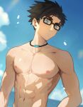 1boy abs asymmetrical_bangs avan_geiserford black_hair blue_eyes blue_sky blurry blurry_background closed_mouth cloud collarbone expressionless glasses highres jewelry jock_studio_(blits_games) looking_at_viewer male_focus mufleeq navel necklace nipples pectorals short_hair sky solo upper_body water_drop 