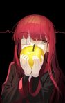  1girl apple black_background black_jacket cardiogram food fruit gauze_over_eye golden_apple grey_eyes hands_up hi_i_dubu highres holding holding_food holding_fruit jacket limbus_company long_hair long_sleeves looking_to_the_side pink_hair project_moon simple_background solo upper_body very_long_hair yuri_(limbus_company) 
