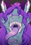  anthro big_fangs blue_body blue_fur bodily_fluids cheek_tuft dragon drooling facial_tuft female front_view fur furred_dragon glowing_pupils hair hi_res horn inner_ear_fluff lionfloof looking_at_viewer mouth_shot open_mouth purple_eyes purple_hair purple_horn purple_tongue saliva saliva_string sharp_teeth solo teeth tongue tongue_out tuft uvula white_inner_ear_fluff 