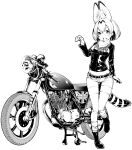  1girl alternate_costume animal_ears arm_at_side bandana boots extra_ears fingernails foot_up fukushima_masayasu full_body greyscale hair_between_eyes hand_up head_tilt highres jacket kemono_friends leather leather_jacket looking_at_viewer lowleg lowleg_pants medium_hair midriff monochrome motor_vehicle motorcycle multicolored_hair navel open_mouth pants parted_bangs paw_pose serval_(kemono_friends) shiny_clothes simple_background smile solo standing standing_on_one_leg stomach tail white_background 