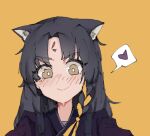  1girl animal_ears arknights black_hair blush braid bright_pupils dog_ears dog_girl heart long_hair ouaau21 purple_shirt saga_(arknights) shirt simple_background smile solo spoken_heart white_pupils yellow_background yellow_eyes 