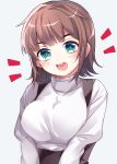  1girl :d blue_eyes blunt_bangs blush breasts brown_hair commentary_request happy highres large_breasts looking_at_viewer medium_hair meimei_(meimei89008309) notice_lines open_mouth original simple_background smile solo sweater upper_body white_background white_sweater 