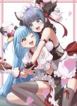  2girls aisu_(i_ce_pinon_pino) aqua_hair asymmetrical_legwear azur_lane bangs blue_eyes blue_hair box box_of_chocolates breasts checkerboard_cookie cheshire_(azur_lane) chocolate clam_shell cookie dress food frilled_dress frilled_hairband frills hair_ornament hairband heart highres holding hug hug_from_behind multicolored_hair multiple_girls neptune_(azur_lane) one_eye_closed open_mouth shell_hair_ornament smile streaked_hair thighhighs thighs valentine yellow_eyes 