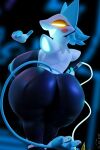  2023 2:3 4_fingers anthro big_breasts big_butt biped blue_hair blush breasts butt clothed clothing cord_tail darkner deltarune digital_media_(artwork) felid feline female fingers floating_hands g30dat hair half-closed_eyes hi_res huge_breasts huge_butt looking_back machine mammal narrowed_eyes open_mouth rear_view robot simple_background smile solo tasque_manager thick_thighs undertale_(series) wide_hips yellow_eyes 