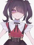 1girl 7se_(7x2_se) ame-chan_(needy_girl_overdose) black_hair black_ribbon black_skirt closed_mouth collar collared_shirt hair_ornament hair_over_one_eye hair_tie hairclip highres looking_at_viewer medium_hair neck_ribbon needy_girl_overdose purple_eyes red_shirt ribbon shaded_face shirt shirt_tucked_in simple_background skirt smile solo suspender_skirt suspenders twintails white_background white_collar x_hair_ornament 