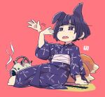  1girl :o afterimage animal_ears arm_support black_eyes black_hair black_kimono blue_kimono bob_cut fanning_face fox_ears fox_girl fox_tail full_body hot japanese_clothes kayari_buta kimono kukuri_(mawaru) mawaru_(mawaru) multiple_tails obi open_mouth original purple_eyes red_background round_teeth sash short_hair simple_background sitting solo sweat tail teeth upper_teeth_only 