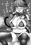  1girl animal_ears blush bow bra braid breasts cat_ears cat_girl cat_tail cleavage commentary_request detached_collar detached_sleeves extra_ears greyscale hair_bow haseru_(ginku_mh) heart huge_breasts kaenbyou_rin lingerie medium_hair monochrome navel nekomata open_mouth panties pointy_ears side_braids sitting smile solo sweat tail thighhighs tongue tongue_out touhou translation_request twin_braids underwear 