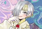  1girl blonde_hair blush commentary grey_eyes grey_hair hair_over_one_eye hand_up kromer_(limbus_company) limbus_company long_sleeves misuto_(pm_kry) multicolored_hair open_mouth project_moon shirt short_hair smile solo two-tone_hair wax_seal yellow_shirt 