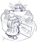  1boy arthropod_boy cake cake_slice cloak diamond_hairband dragonfly_wings eating fate/grand_order fate_(series) food fruit fur-trimmed_cloak fur_trim highres insect_wings katsutacle looking_at_viewer looking_back male_focus medium_hair mini_person miniboy monochrome oberon_(fate) oberon_(third_ascension)_(fate) simple_background solo strawberry white_background wings 