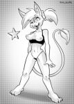  anthro black_and_white breasts bun_butts clothing domestic_cat felid feline felis female fur furry hair hi_res looking_at_viewer lynx mammal monochrome nude panties simple_background smile solo standing star underwear undressing 