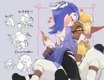  2girls after_kiss baggy_pants chest_sarashi cosmetics frye_(splatoon) heart high-visibility_vest highres holding holding_lipstick_tube lipstick lipstick_mark lipstick_mark_on_face lipstick_tube looking_at_another makeup multiple_girls pants sarashi shiver_(splatoon) smile splatoon_(series) splatoon_3 tentacle_hair tooth_earrings utsuho_no_tami yuri 