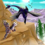  brynhusky duo dutch_angel_dragon feathered_wings feathers female feral flying hi_res horn male mountain parrybow rebutia_(parrybow) running wings 