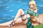  1girl absurdres arm_support artist_name bare_shoulders blonde_hair braid braided_ponytail brown_gloves closed_mouth clothing_cutout commentary commission english_commentary eyelashes feet fire_emblem fire_emblem:_three_houses gloves grass grey_eyes highres ingrid_brandl_galatea ingrid_brandl_galatea_(summer) knee_up leaning_back legs lips long_hair long_legs looking_at_viewer midriff navel official_alternate_costume outdoors poolside sandals shiny_skin shoulder_cutout sidelocks sitting skindentation solo thigh_strap thighs toenails toes wet x_xith_x 