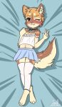  &lt;3 2019 4_toes 5_fingers :3 absurd_res anthro biped blue_bottomwear blue_clothing blue_skirt blush blush_lines bottomwear brown_eyes bunnybits cheek_tuft chest_tuft clothing collar crossed_ankles cute_fangs dakota_(hylian_twilight) digital_media_(artwork) digitigrade exposed_belly eyelashes facial_tuft feet female fingers flat_chested gesture hand_to_shoulder heart_collar hi_res humanoid_hands inner_ear_fluff leg_warmers legwear lying name_tag navel on_back one_eye_closed paws skirt solo species_request teenager thick_eyelashes toes tuft v_sign watermark young 