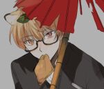  1boy animal_ears bespectacled blonde_hair commentary_request gakuran glasses gradient_hair grey_background highres ichigo_ichie_na_hyakki_yagyou!?_(project_sekai) looking_at_viewer male_focus multicolored_hair official_alternate_costume official_alternate_hairstyle orange_eyes orange_hair project_sekai red_umbrella school_uniform short_hair so17p solo tenma_tsukasa torn_umbrella umbrella upper_body 