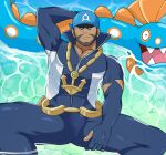  1boy absurdres anchor_necklace archie_(pokemon) arm_up armpits bandana bara beard black_eyes blue_bandana blue_bodysuit bodysuit brown_hair bulge chain_belt commentary dark-skinned_male dark_skin english_commentary facial_hair feet_out_of_frame highres huntail jewelry large_pectorals lying male_focus mature_male muscular muscular_male navel necklace on_back paid_reward_available partially_submerged pectoral_cleavage pectorals pokemon pokemon_(creature) pokemon_(game) pokemon_oras short_hair solo_focus somindul spread_legs thick_thighs thighs torn_bodysuit torn_clothes wetsuit 