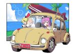  2girls animal_ears beach blonde_hair blue_eyes bow car cloud driving frilled_shirt_collar frills hair_bow hair_ribbon kanisawa_yuuki light_purple_hair long_hair medicine_melancholy motor_vehicle multiple_girls necktie ocean palm_tree purple_hair rabbit_ears rabbit_girl red_eyes reisen_udongein_inaba ribbon short_hair steering_wheel sunlight surfboard touhou tree wavy_hair 