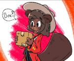  anthro beaver beaver_girl_(peargor) beaver_tail box clothing container dialogue exclamation_point female glubees hat headgear headwear holding_object mammal peargor rodent royal_canadian_mounted_police solo speech_bubble 