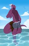  anthro clothing dragon feces hi_res male messing muscular purple_body scalie scat sea shirtless soiling solo solo_focus swimming_trunks swimwear thatcreamcat water 