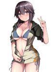  1girl absurdres bikini blush breasts brown_eyes brown_hair cleavage commentary_request green_jacket hair_between_eyes halterneck hayasui_(kancolle) highres jacket kantai_collection kuromayu large_breasts looking_at_viewer open_clothes open_jacket partially_unzipped short_hair side-tie_bikini_bottom simple_background smile solo string_bikini swimsuit v white_background 