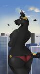  2021 absurd_res aircraft akila_(taylornoir) anthro artist_name big_butt bird_flock black_body black_nose bottomwear building butt canid canine canis city city_background clothed clothing cloud colored colorful digital_drawing_(artwork) digital_media_(artwork) domestic_dog english_text extreme_size_difference eyeshadow female great_dane headgear headwear helicopter hi_res human larger_anthro larger_female loincloth looking_back macro makeup mammal mastiff mature_anthro mature_female micro molosser nipple_covers partially_clothed portrait purple_eyes purple_eyeshadow shaded signature size_difference size_play smaller_human solo story story_in_description taylornoir text three-quarter_portrait 