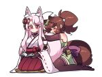  2girls animal_ears black_gloves blush book breasts brown_gloves brown_hair brown_thighhighs closed_eyes closed_mouth elbow_gloves fingerless_gloves fox_ears fox_girl fox_tail gloves highres holding holding_book hugging_another&#039;s_tail hugging_tail japanese_clothes leaf leaf_on_head littlecloudie long_hair medium_breasts miko multiple_girls original raccoon_ears raccoon_girl raccoon_tail red_eyes seiza short_hair short_ponytail simple_background sitting tail thighhighs wariza white_background white_hair 