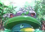  animal_focus black_eyes dappled_sunlight forest goomy grass happy kotobukkii_(yt_lvlv) light_particles lotad nature no_humans open_mouth outdoors partially_submerged pokemon pokemon_(creature) pond riding solid_oval_eyes sunlight swimming 