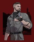  1boy arm_hair atomic_heart beard belt black_belt black_gloves black_hair black_shirt char-les_(atomic_heart) facial_hair fukurau gloves grey_jumpsuit highres jumpsuit male_focus muscular muscular_male p-3_(atomic_heart) shirt short_hair solo 