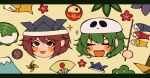  +_+ 1jumangoku 2others :3 alternate_headwear androgynous black_headwear blush_stickers children&#039;s_day closed_eyes commentary flat_color flower green_flower hand_fan head_only headwear_request highres holding japanese_flag_print katano_sukune kitsugai_sese koinobori leaf len&#039;en mount_fuji mountain multiple_others object_request open_mouth origami paper_crane pinwheel pointy_hair purple_flower red_eyes red_flower red_hair sharp_teeth short_hair skull-shaped_hat smile sparkle teeth upper_teeth_only v-shaped_eyebrows wavy_hair white_background windsock 