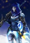  android armor exo_(destiny) exo_stranger female glowing glowing_eyes hi_res holding_object holding_weapon hood humanoid machine metallic_body robot solo weapon 