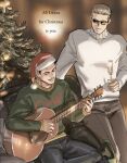  albert_wesker alcohol black_socks blonde_hair brown_hair chair champagne champagne_flute chris_redfield christmas christmas_tree closed_eyes closed_mouth crossed_legs cup drinking_glass green_sweater guitar hat highres instrument muscular non-web_source open_mouth resident_evil santa_hat slippers socks sunglasses sweater tatsumi_(psmhbpiuczn) white_sweater 