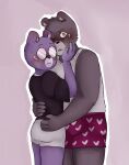  2023 anthro bear blush brown_body butt clothing duo embrace eyewear glasses hi_res hug humanoid_hands male mammal padre_(unicorn_wars) purple_body sargento_caricias shirt simple_background topwear underwear unicorn_wars zadscat 