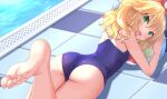  1girl ass beniyuki_pangya blonde_hair blue_one-piece_swimsuit blush feet from_behind green_eyes hairband idolmaster idolmaster_cinderella_girls looking_at_viewer looking_back lying medium_hair on_stomach one-piece_swimsuit poolside sakurai_momoka school_swimsuit shiny_skin smile solo swimsuit toes wavy_hair 