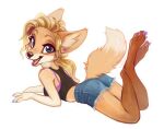  anthro black_legs blonde_hair bottomwear bra canid canine clothing coonkun dipstick_tail ear_piercing fangs female fox fur green_eyes hair kelseyfox looking_at_viewer lying mammal markings on_front orange_body orange_fur piercing raised_tail red_fox shirt shorts slim smile solo tail tail_markings tank_top teeth topwear underwear white_arms 