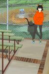  absurdres animal_ears baseball bleachers cat_ears cat_girl chain-link_fence fence highres hood hoodie leggings light_smile non-web_source original outdoors shoes short_shorts shorts sneakers solo 