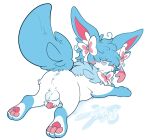  &lt;3 2023 3_toes animal_genitalia anus backsack balls blue_body blue_fur blue_nose blue_tail blush bow_(feature) butt_tuft cirkus eeveelution feet feral fur generation_6_pokemon genitals hair hair_over_eyes heart_pawpads hi_res looking_at_viewer looking_back looking_back_at_viewer lying male mammal mane messy_hair nintendo on_front pawpads penis penis_tip pink_body pink_pawpads pokemon pokemon_(species) rear_view ribbons_(anatomy) sheath sheath_tuft shiny_pokemon signature solo sylveon tail tail_tuft toes trick_(cirkus) tuft white_body white_fur 