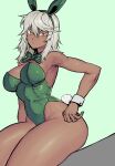  1girl :| animal_ears armpits bare_shoulders bow bowtie breasts closed_mouth commentary covered_navel dark-skinned_female dark_skin expressionless fake_animal_ears fake_tail green_background green_bow green_bowtie green_headband green_leotard guilty_gear guilty_gear_strive guilty_gear_xrd hair_between_eyes headband highleg highleg_leotard highres large_breasts leotard looking_at_viewer medium_hair orange_eyes playboy_bunny rabbit_ears rabbit_tail ramlethal_valentine sitting solo strapless strapless_leotard symbol-only_commentary tail thick_thighs thighs traditional_bowtie wltjdfnfn wrist_cuffs 