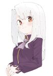  1girl ascot blush brown_eyes collared_shirt cropped_torso fate/stay_night fate_(series) highres illyasviel_von_einzbern long_hair long_sleeves looking_at_viewer own_hands_together purple_shirt shirt simple_background sketch smile solo tenoo12 upper_body white_background white_hair 