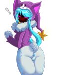  anthro anus biped blue bovid brayze canid canine canis caprine clothing exclamation_point female fur genitals hair hi_res humanoid mammal pink_eyes pussy rear_view sheep solo white_body white_fur 
