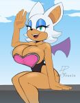  2023 5_fingers anthro bat big_breasts black_nose breasts butt cleavage cleavage_overflow clothed clothing cloud dpronin female fingers gesture hair looking_at_viewer makeup mammal membrane_(anatomy) membranous_wings open_mouth outside rouge_the_bat sega signature sitting sky smile solo sonic_the_hedgehog_(series) swimwear tan_body teal_eyes teeth waving wings 