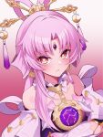  1girl akizawa619 bare_shoulders blush closed_mouth crossed_arms earrings forehead_jewel frown fu_xuan_(honkai:_star_rail) gradient_background hair_ornament highres honkai:_star_rail honkai_(series) jewelry long_hair looking_at_viewer low_twintails pink_eyes pink_hair single_earring solo tassel twintails 