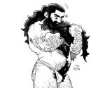  1boy alternate_body_hair arm_hair ass_hair back_hair bara beard belly black_hair body_fur bulge chest_hair dungeon_meshi dwarf excessive_pubic_hair facial_hair feet_out_of_frame flying_sweatdrops greyscale hairy hand_hair highres long_beard long_hair male_focus mature_male monochrome muscular muscular_male nipples notice_lines pectorals plump pubic_hair senshi_(dungeon_meshi) solo thick_eyebrows thick_mustache very_long_beard yak_(y4k100y4k) 