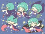  1girl antennae black_cape blue_background bright_pupils cape closed_eyes fireflies green_eyes green_hair multiple_views open_mouth pants purple_pants red_footwear shirt short_hair smile touhou white_pupils white_shirt wriggle_nightbug yoshishi_(yosisitoho) 