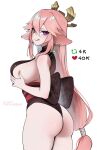  1girl animal_ears arrow_(symbol) bare_shoulders blush breasts english_text fox_ears genshin_impact hair_between_eyes hair_ornament highres large_breasts leotard like_and_retweet long_hair looking_at_viewer meme pink_hair purple_eyes smile solo tofuubear twitter_strip_game_(meme) very_long_hair yae_miko 